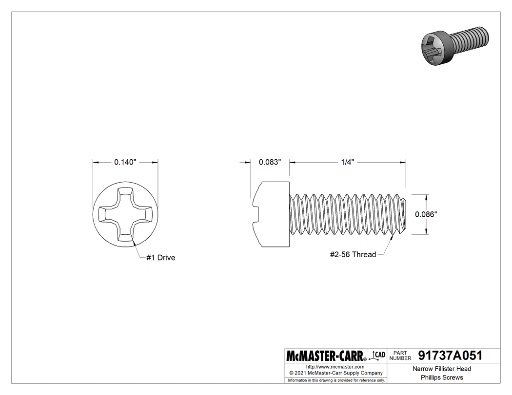 Technical Drawing of Narrow Fillister Head Phillips Screws, High-Profile, 2-56 Thread, 1/4" Long.